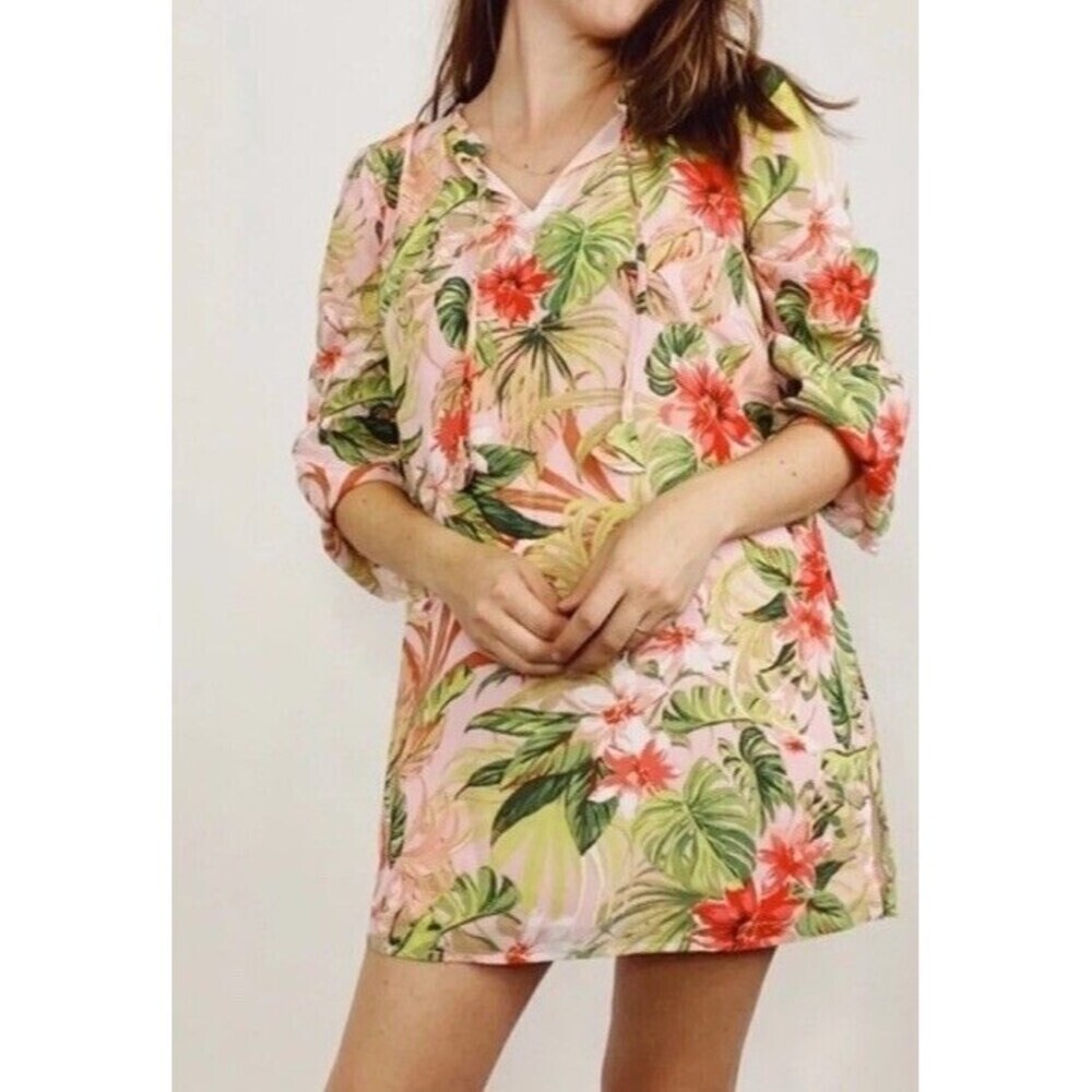 J. Jill Mini Dress / Tunic Top Pink Tropical Floral Print W/Tassels Small Tall